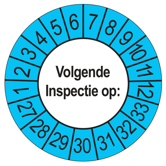 Keuringssticker Volgende Inspectie 2027, buiten blauw, Ø 35 mm