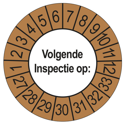 Keuringssticker Volgende Inspectie 2027, buiten bruin, Ø 35 mm
