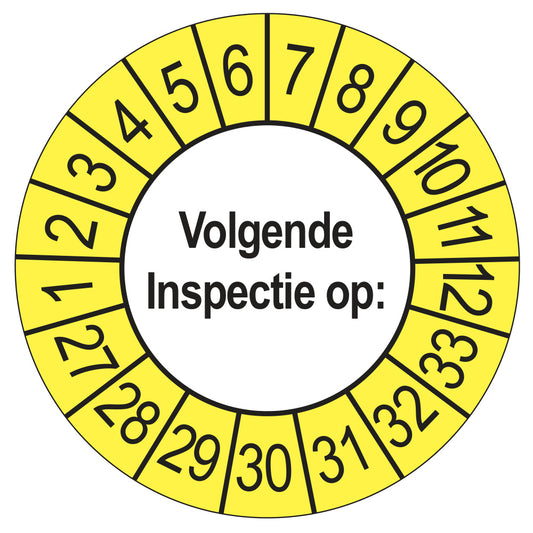 Keuringssticker Volgende Inspectie 2027, buiten geel, Ø 35 mm