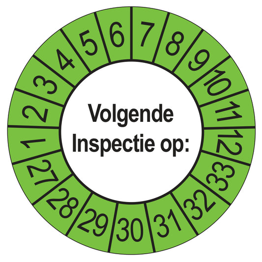 Keuringssticker Volgende Inspectie 2027, buiten groen, Ø 35 mm