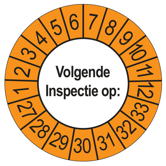 Keuringssticker Volgende Inspectie 2027, buiten oranje, Ø 35 mm