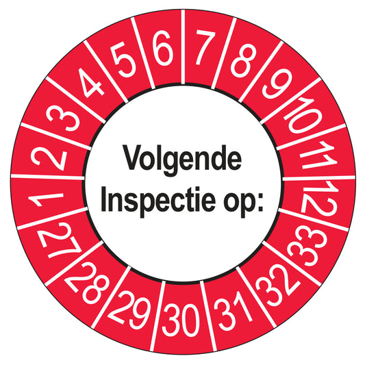 Keuringssticker Volgende Inspectie 2027, buiten rood, Ø 35 mm