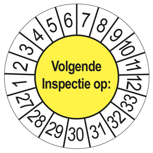 Keuringssticker Volgende Inspectie 2027, geel, Ø 35 mm