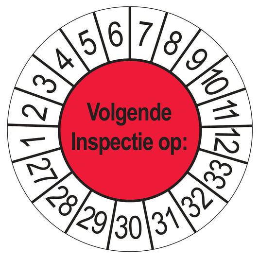 Keuringssticker Volgende Inspectie 2027, rood, Ø 35 mm