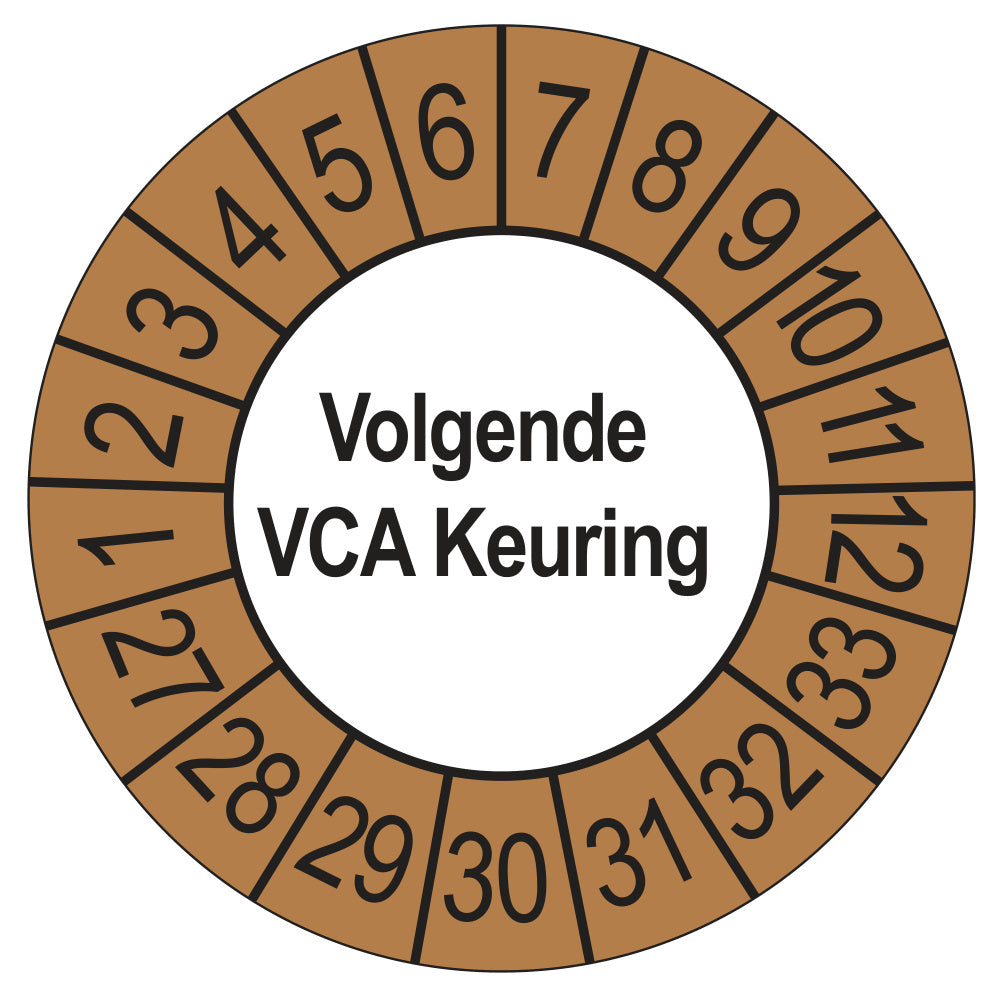 Keuringsstickers Volgende VCA Keuring 2027 | 50 stuks, Ø 35 mm | Buiten Bruin