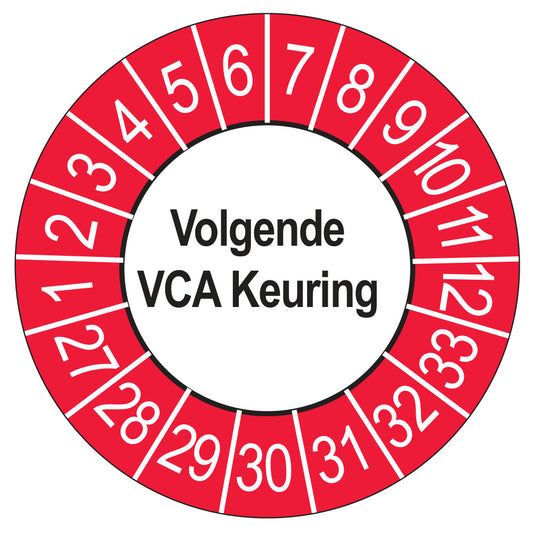 Keuringsstickers Volgende VCA Keuring 2027 | 50 stuks, Ø 35 mm | Buiten Rood
