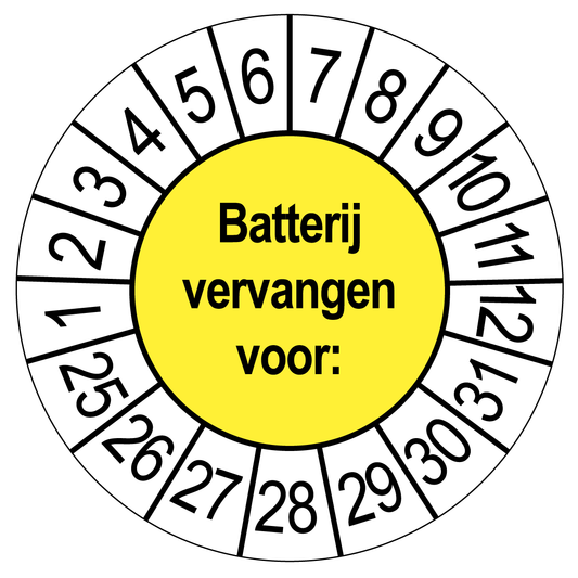 Keuringssticker Batterij vervangen, geel met witte cijferrand, rond 35 mm vinyl