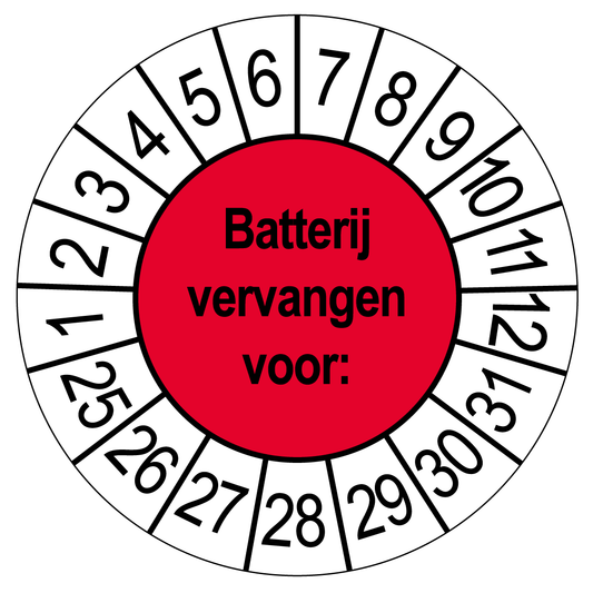 Keuringssticker Batterij vervangen, rood met witte cijferrand, rond 35 mm vinyl