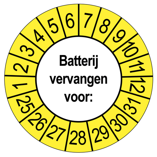 Keuringssticker Batterij vervangen, wit met gele buitenrand, rond 35 mm vinyl