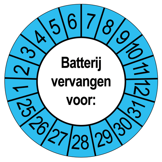 Keuringssticker Batterij vervangen, wit met blauwe buitenrand, rond 35 mm vinyl