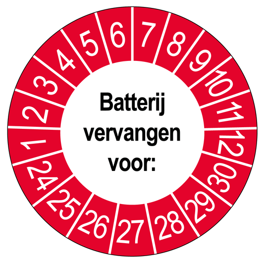 Keuringssticker Batterij vervangen, wit met rood-witte buitenrand, rond 35 mm vinyl