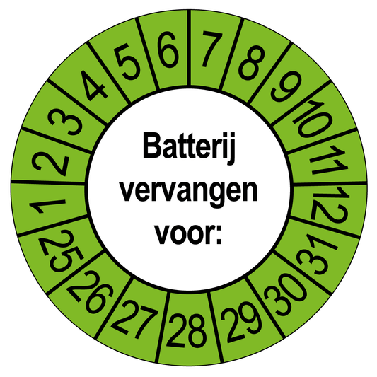 Keuringssticker Batterij vervangen, wit met groene buitenrand, rond 35 mm vinyl
