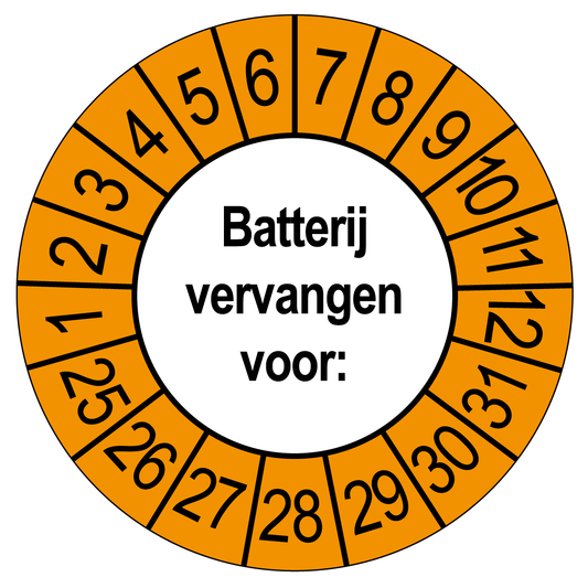Keuringssticker Batterij vervangen, wit met oranje buitenrand, rond 35 mm vinyl