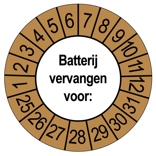 Keuringssticker Batterij vervangen, wit met bruine buitenrand, rond 35 mm vinyl