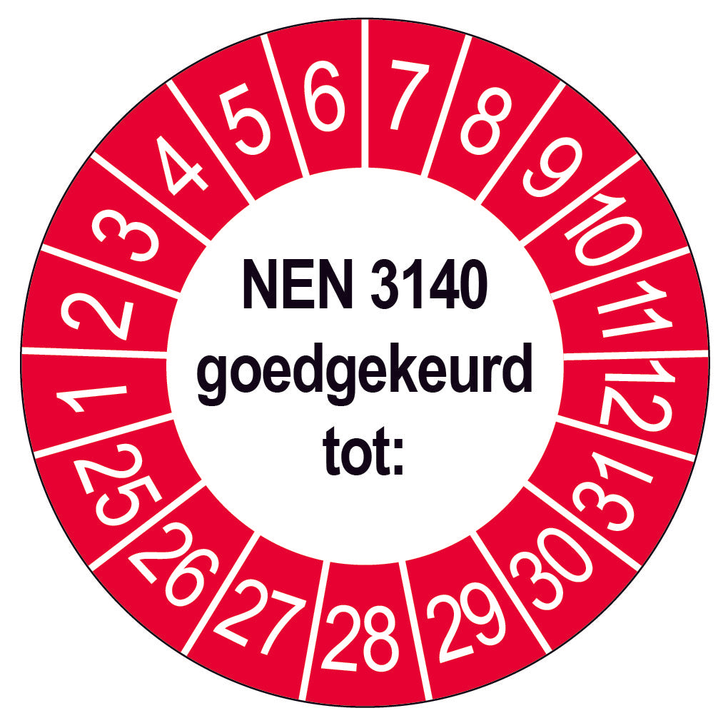 50 Keuringsstickers NEN 3140 Goedgekeurd tot: Rond 35 mm jaartal 25 tot 31