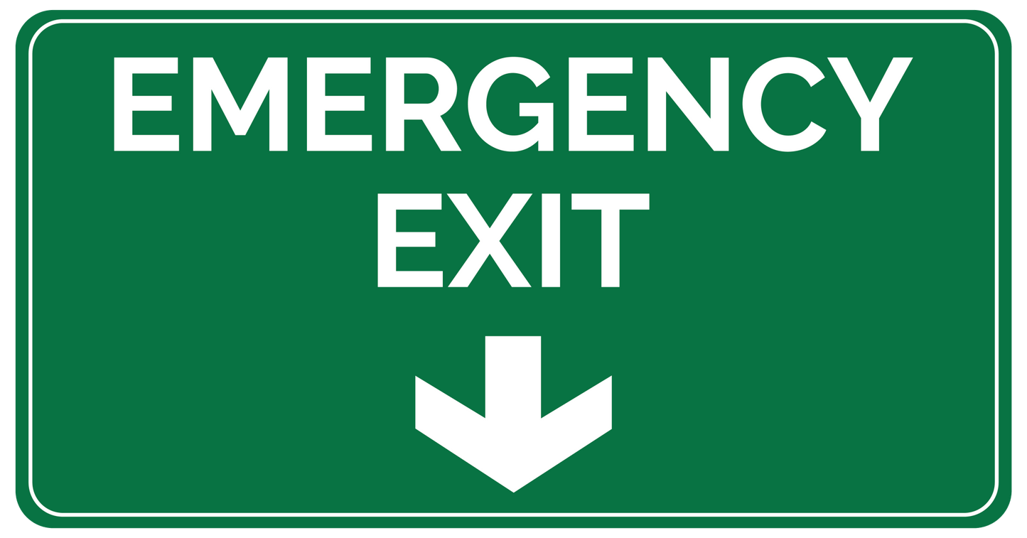 Emergency Exit sticker omlaag 400×150 mm – groen-wit tekststicker