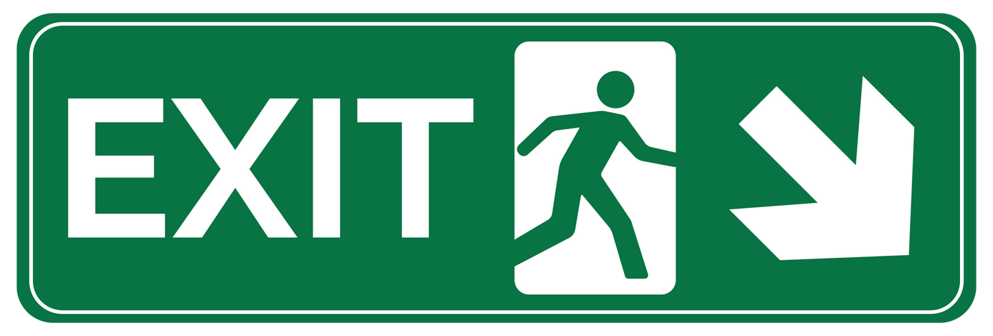 Exit vluchtwegsticker schuin rechts omlaag 400×150 mm – groen-wit ISO 7010 E006 pictogram