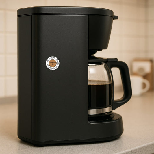 Keuringssticker Goedgekeurd tot, bruin, aangebracht op een koffiezetapparaat