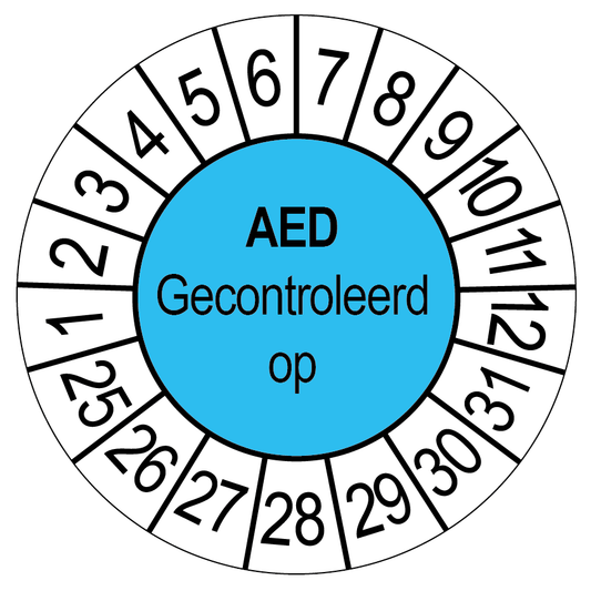 Keuringssticker AED gecontroleerd op, blauw met witte cijferrand, rond 35 mm vinyl