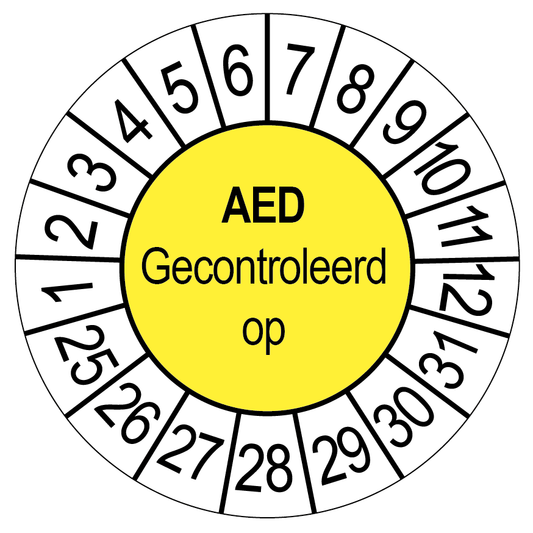 Keuringssticker AED gecontroleerd op, geel met witte cijferrand, rond 35 mm vinyl