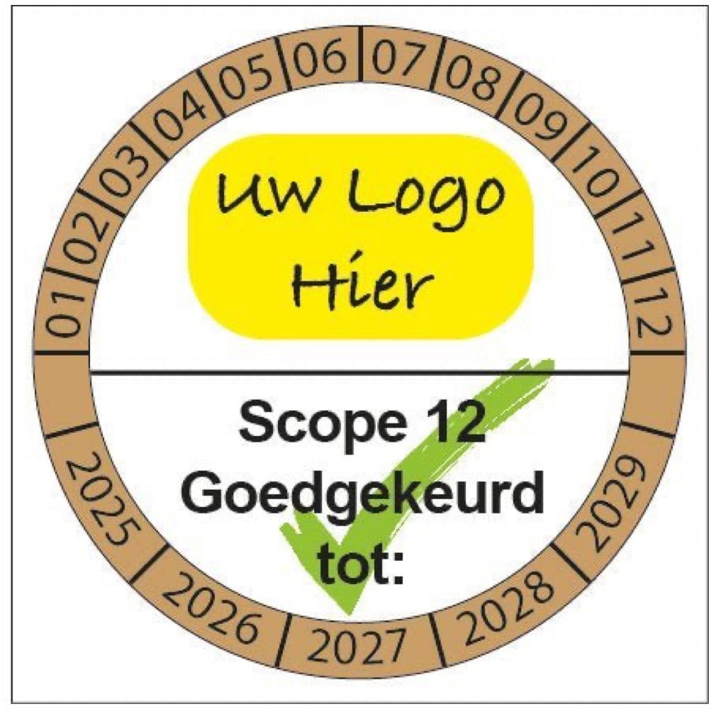 Keuringsstickers kopen? | Bruine buitenring | Voeg simpel uw logo en tekst toe. - Ricard Pictogram stickers -