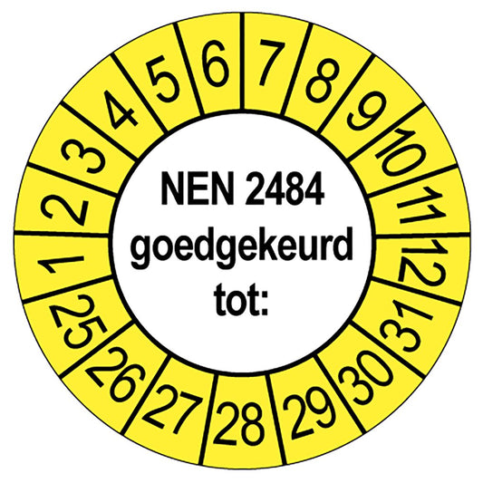 Keuringssticker NEN 2484 goedgekeurd, wit met gele buitenrand, rond 35 mm vinyl