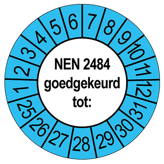 Keuringssticker NEN 2484 goedgekeurd, wit met blauwe buitenrand, rond 35 mm vinyl