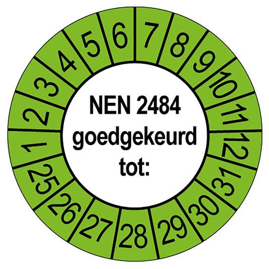 Keuringssticker NEN 2484 goedgekeurd, wit met groene buitenrand, rond 35 mm vinyl