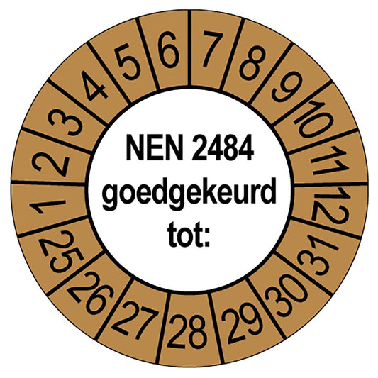 Keuringssticker NEN 2484 goedgekeurd, wit met bruine buitenrand, rond 35 mm vinyl