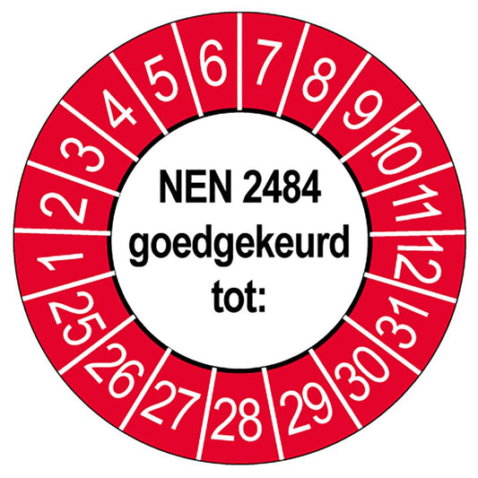 Keuringssticker NEN 2484 goedgekeurd, wit met rood-witte buitenrand, rond 35 mm vinyl
