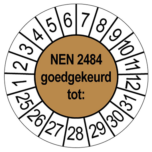 Keuringssticker NEN 2484 goedgekeurd, bruin met witte cijferrand, rond 35 mm vinyl