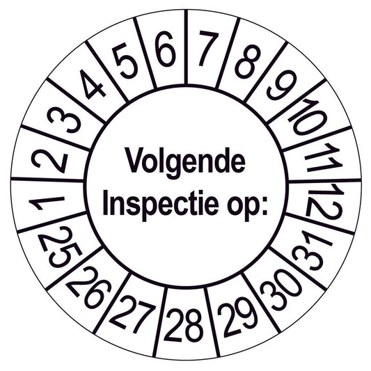 Keuringssticker Volgende Inspectie op, wit met zwarte opdruk, rond 35 mm vinyl