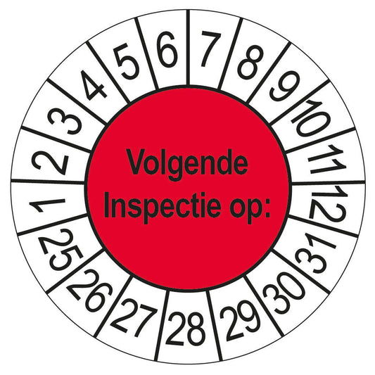 Keuringssticker Volgende Inspectie op, rood met witte cijferrand, rond 35 mm vinyl