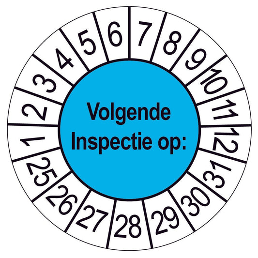 Keuringssticker Volgende Inspectie op, blauw met witte cijferrand, rond 35 mm vinyl