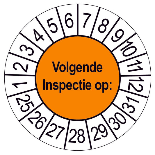 Keuringssticker Volgende Inspectie op, oranje met witte cijferrand, rond 35 mm vinyl