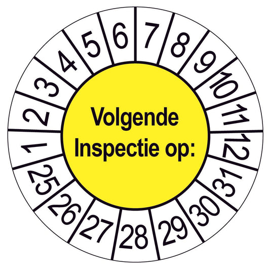 Keuringssticker Volgende Inspectie op, geel met witte cijferrand, rond 35 mm vinyl