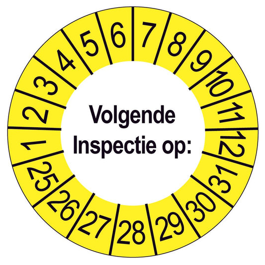 Keuringssticker Volgende Inspectie op, wit met gele buitenrand, rond 35 mm vinyl
