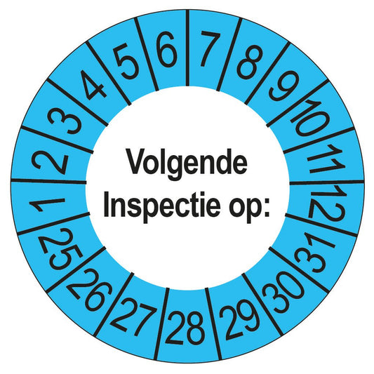 Keuringssticker Volgende Inspectie op, wit met blauwe buitenrand, rond 35 mm vinyl