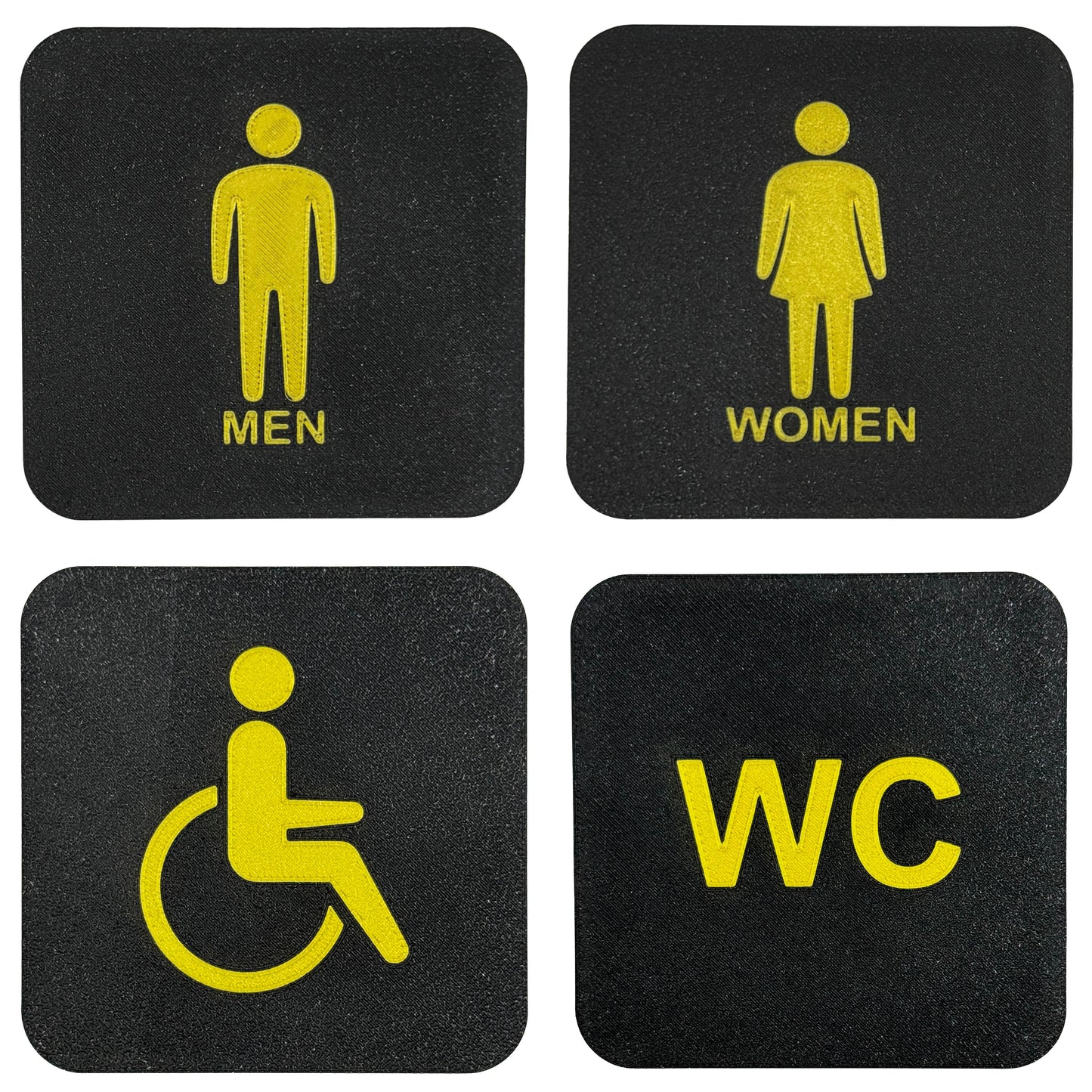 4x WC bordjes | Man, Vrouw, Invalide, | 10 cm vierkant 2 mm dik | PLA Bio Plastic | Zwart Goud
