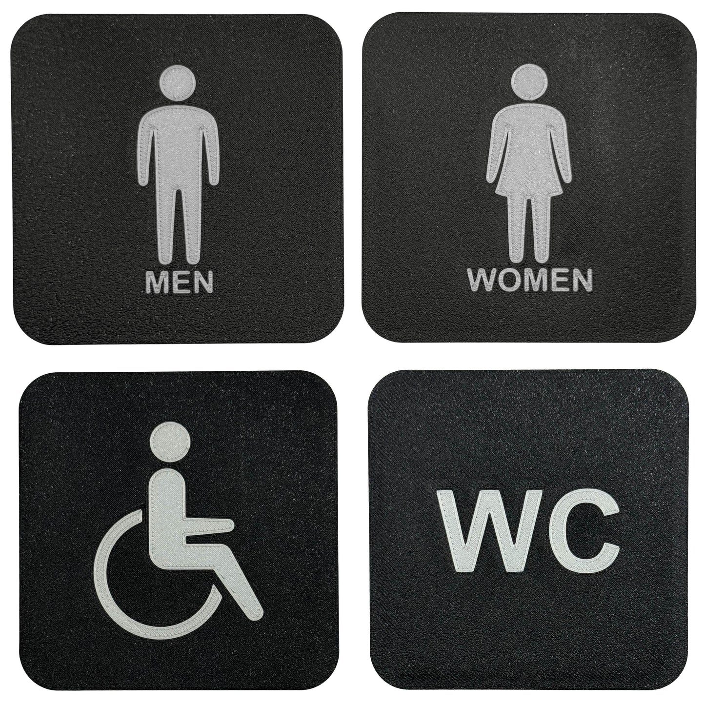 4x WC bordjes | Man, Vrouw, Invalide, | 10 cm vierkant 2 mm dik | PLA Bio Plastic | Zwart Zilver