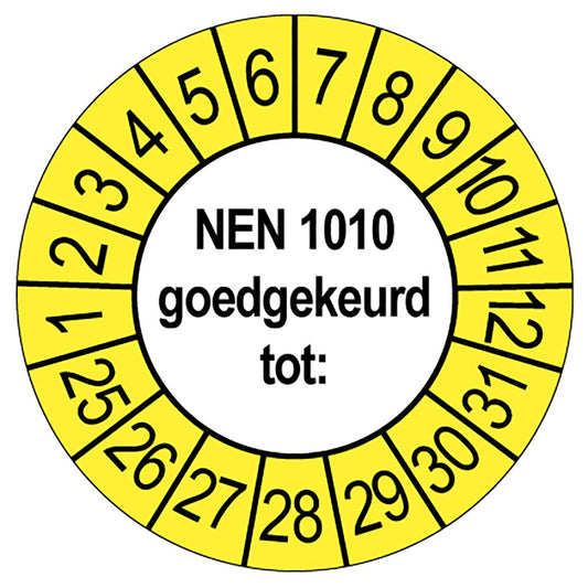 Keuringssticker NEN 1010 goedgekeurd tot, rond 35 mm, wit met gele buitenrand