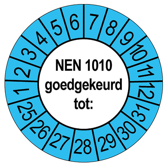 Keuringssticker NEN 1010 goedgekeurd tot, rond 35 mm, wit met blauwe buitenrand