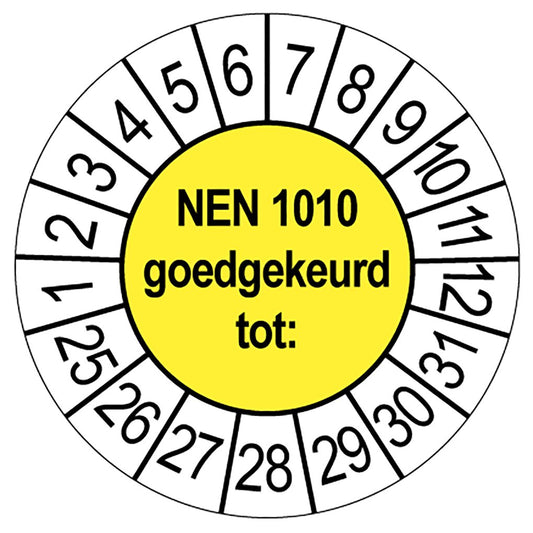 Gele keuringssticker NEN 1010 goedgekeurd tot, rond 35 mm, met maand- en jaarrand