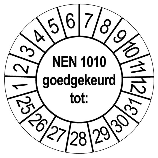 Witte keuringssticker NEN 1010 goedgekeurd tot, rond 35 mm, met maand- en jaarrand