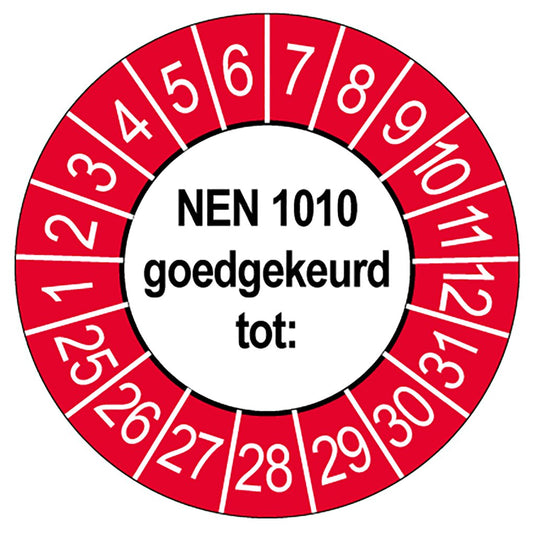 Keuringssticker NEN 1010 goedgekeurd tot, rond 35 mm, wit met rood-witte buitenrand