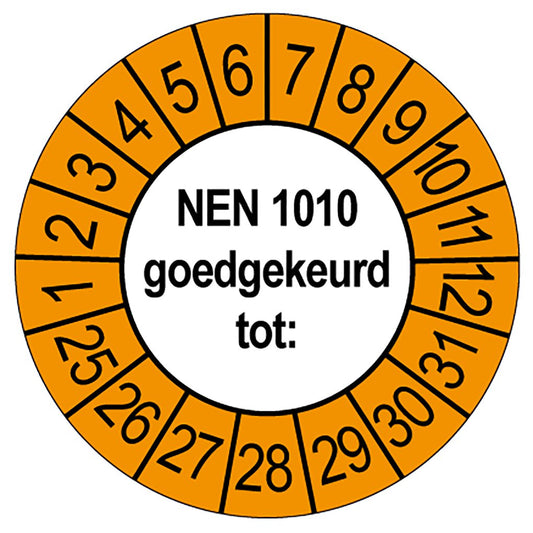 Keuringssticker NEN 1010 goedgekeurd tot, rond 35 mm, wit met oranje buitenrand