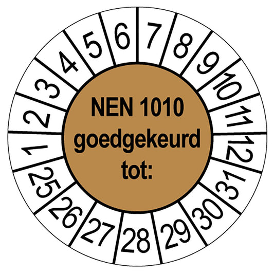Bruine keuringssticker NEN 1010 goedgekeurd tot, rond 35 mm, met maand- en jaarrand