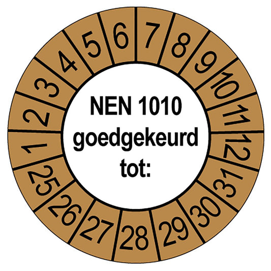 Keuringssticker NEN 1010 goedgekeurd tot, rond 35 mm, wit met bruine buitenrand