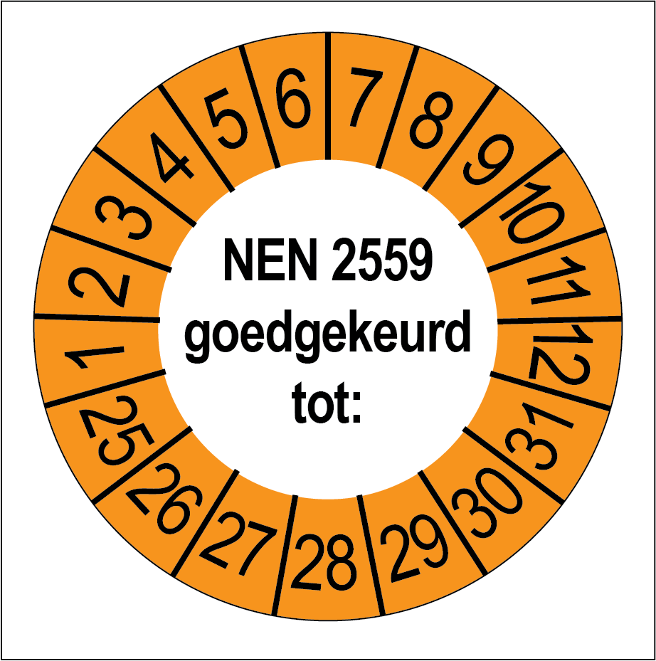 Keuringsstickers NEN 2559 Goedgekeurd Oranje Buitenrand - Rond 35 mm - Ricard