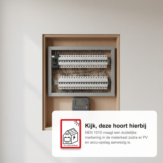 Meterkast met groepenkast, met de PV + ACCU pictogramsticker NEN 1010